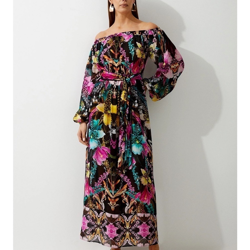 NWT Mirrored Tropical Viscose Georgette Off The Shoulder Beach Maxi Dress small - Picture 3 of 11